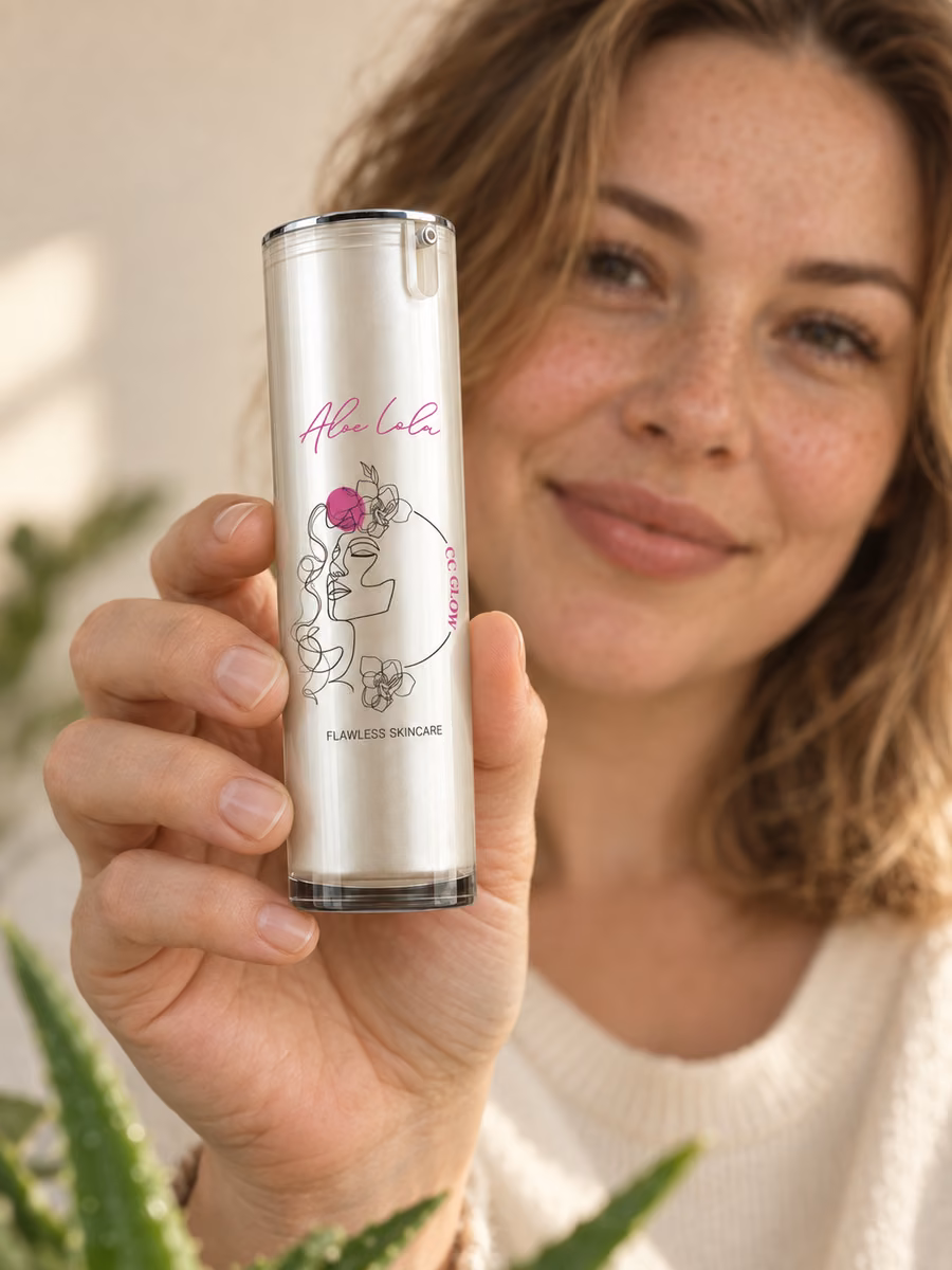 Kobieta trzyma w dłoniach podkład Aloe Lola CC Glow