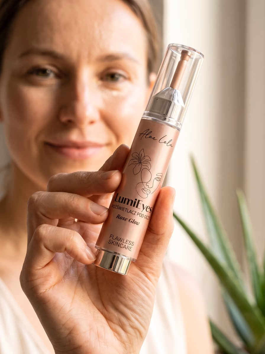 Kobieta trzyma w dłoni korektor Aloe Lola LumiEyes Rose Glow